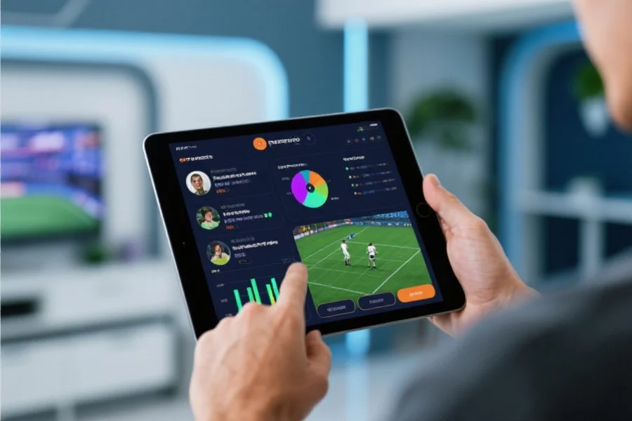 用户在平板设备上与体育娱乐平台互动，屏幕显示赛事评论和数据分析图表，环境现代